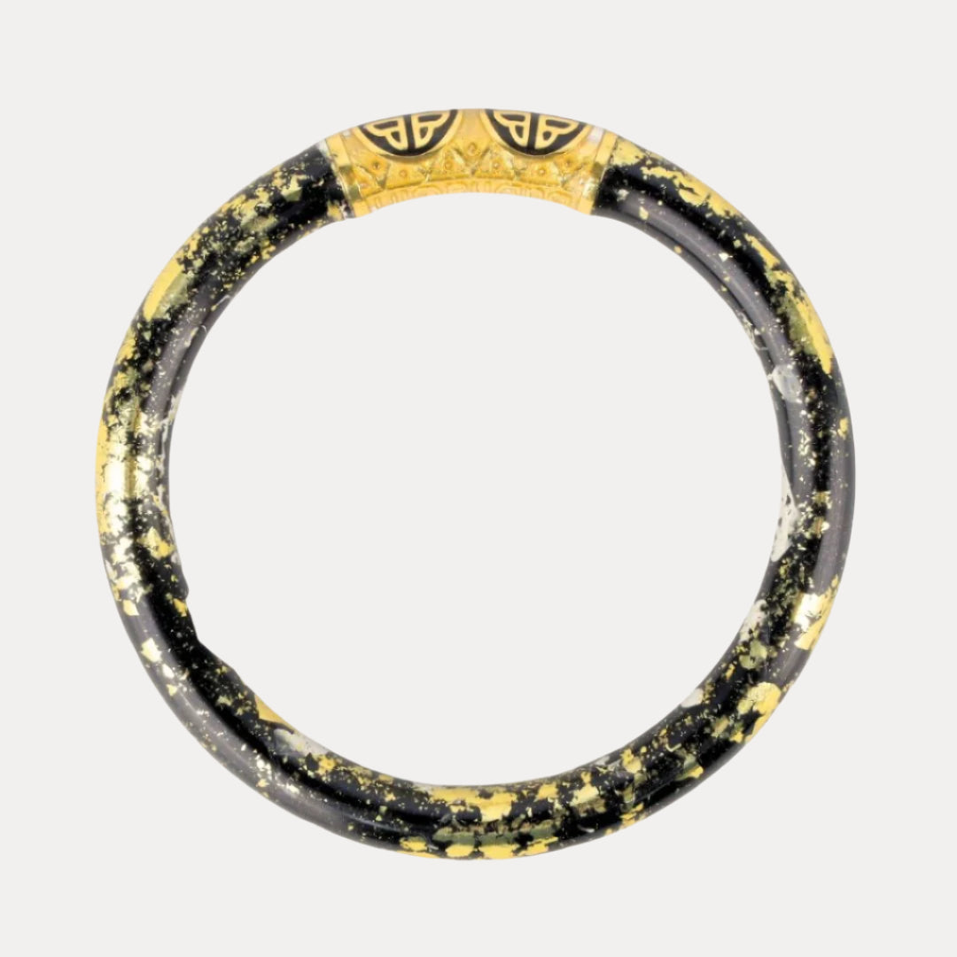 Koi Noir Tzubbie Black and Gold Foil All Weather Bangle Bracelets with BuDhaGirl Enamel Chop Logo Bead | BuDhaGirl